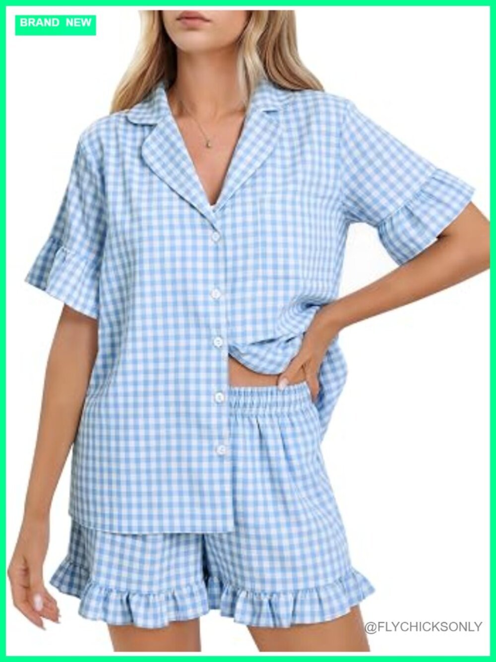 Cotton Gingham Pajama Set Ruffle Short Sleeve Button Down Top Shorts Lounge Set